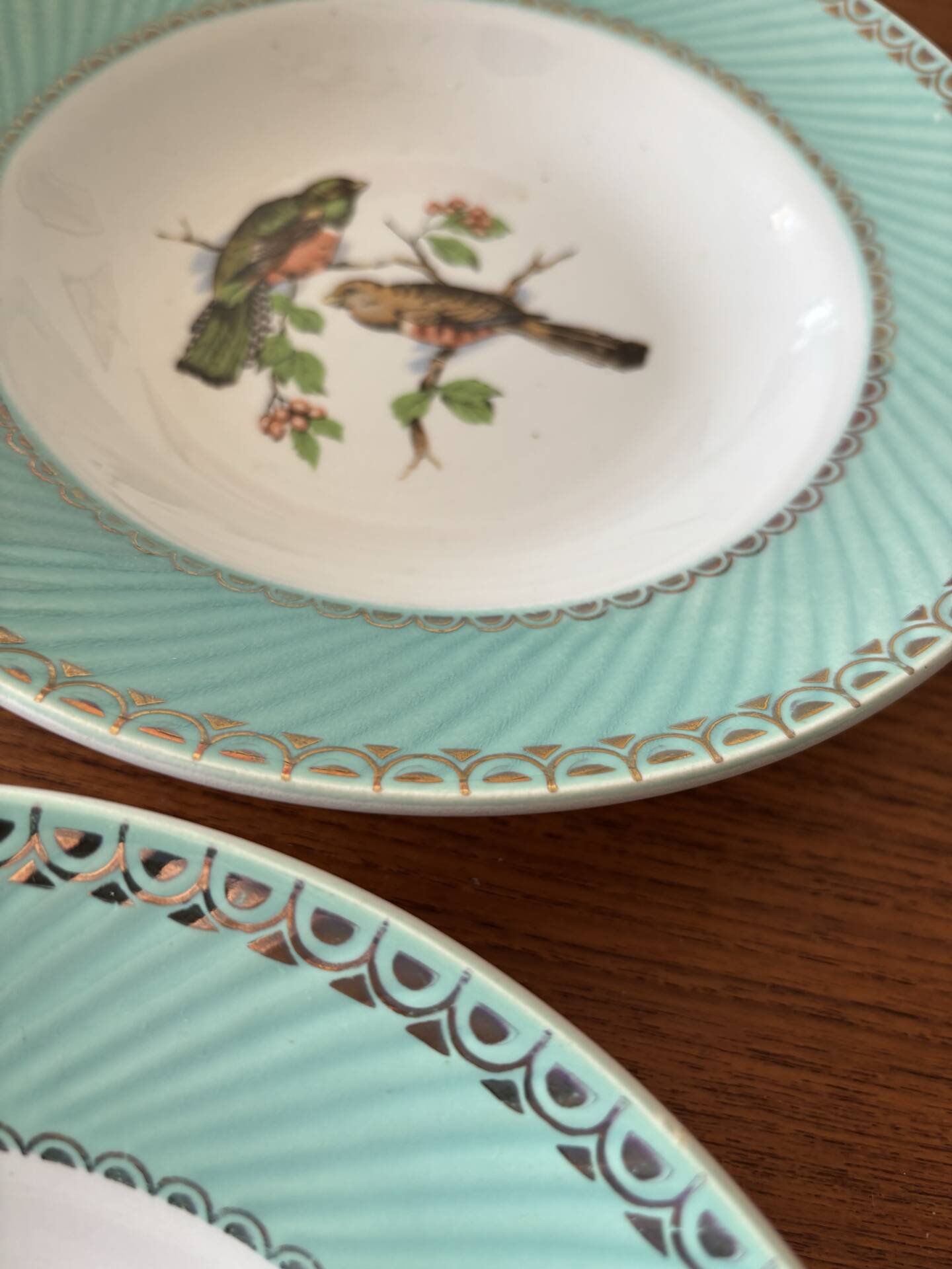 Set of 4 vintage deep plates in earthenware • Bird and leaf decoration