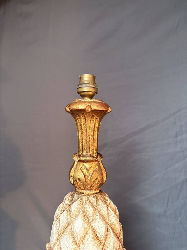 Ancien pied de lampe ananas vintage art déco en bois & doré