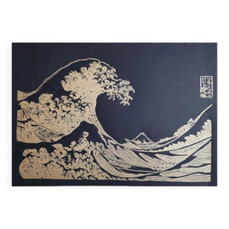 Linogravure 100% fait main de la Grande Vague de Kanagawa version dorée en édition limitée