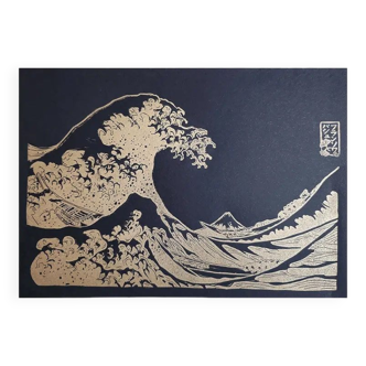 100% handmade linocut from the Great Wave of Kanagawa limited edition gold version