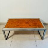 Vintage coffee table in elm burl and stainless steel base – Design 1970