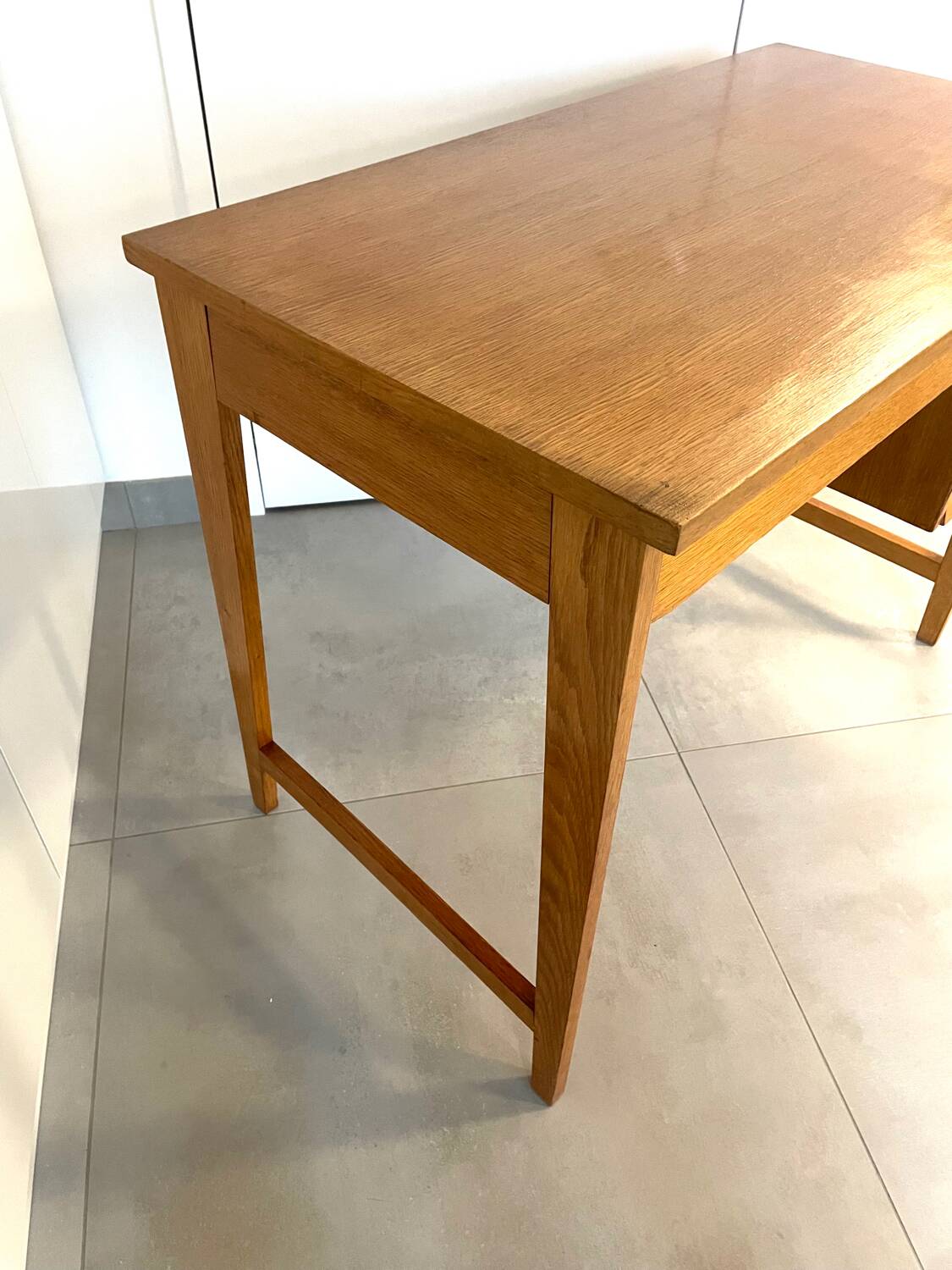 1950s modernist oak desk with compass legs