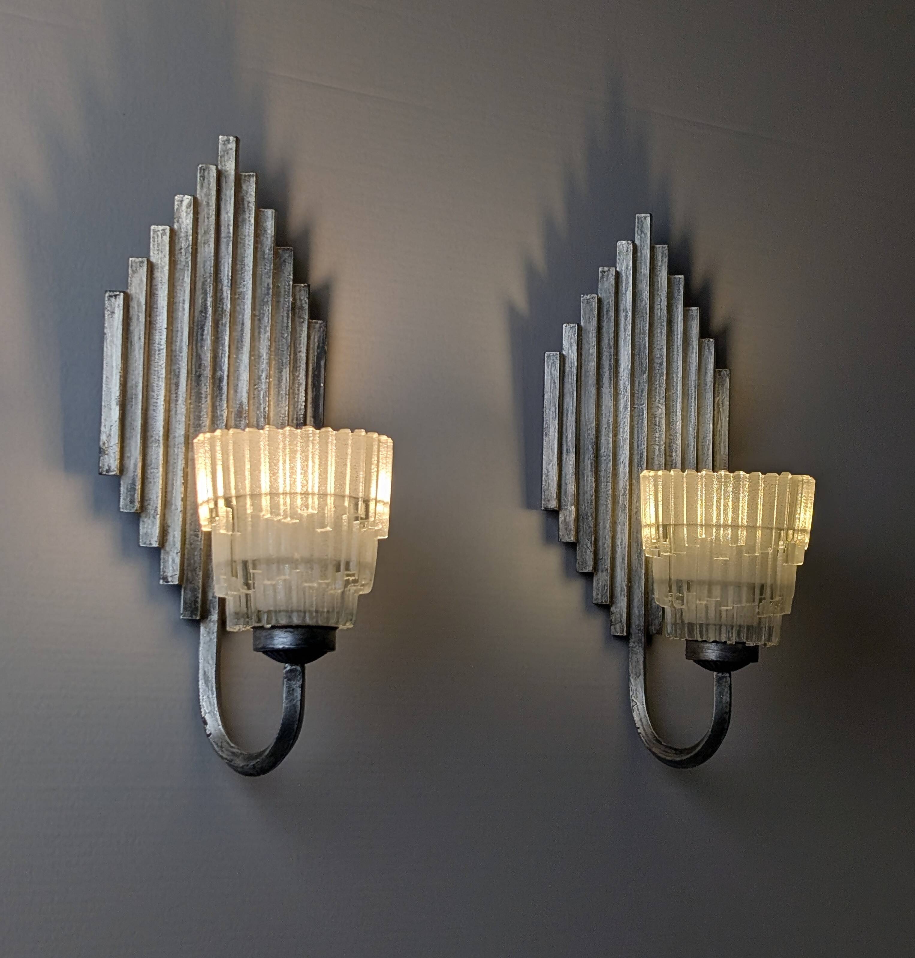 Pair of Ferro Art Iron and Glass Wall Sconces Art Deco Style 1970s