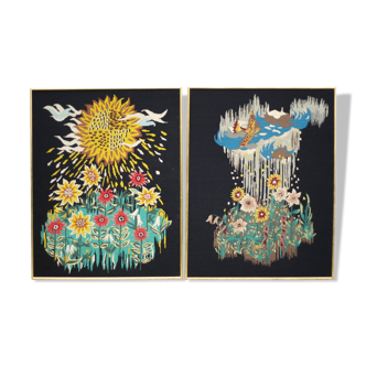 Pair of vintage canvas tapestry, wall decoration, floral tapestry