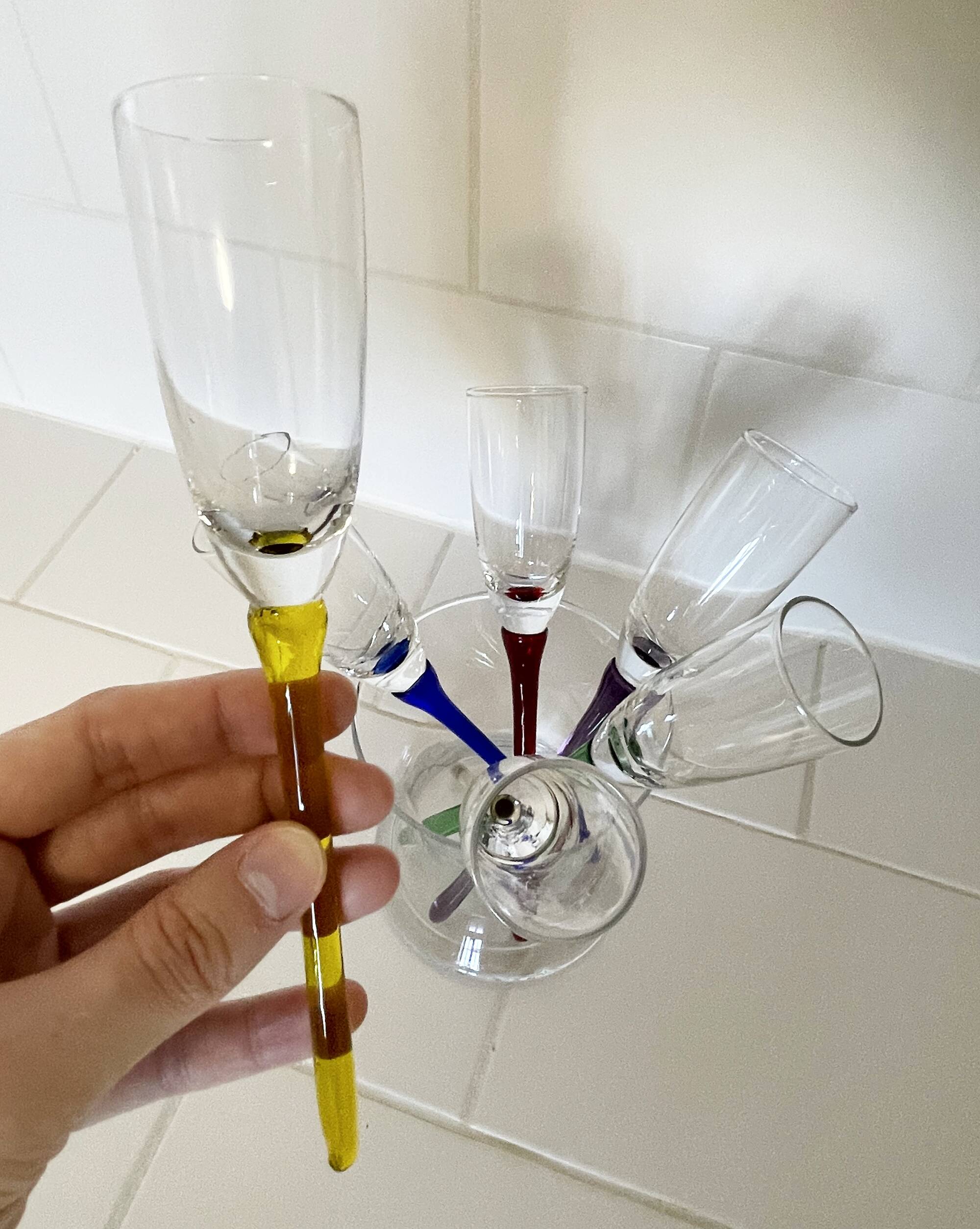 Set of 6 Vintage Champagne Flutes with Stand, German Handblown Glass