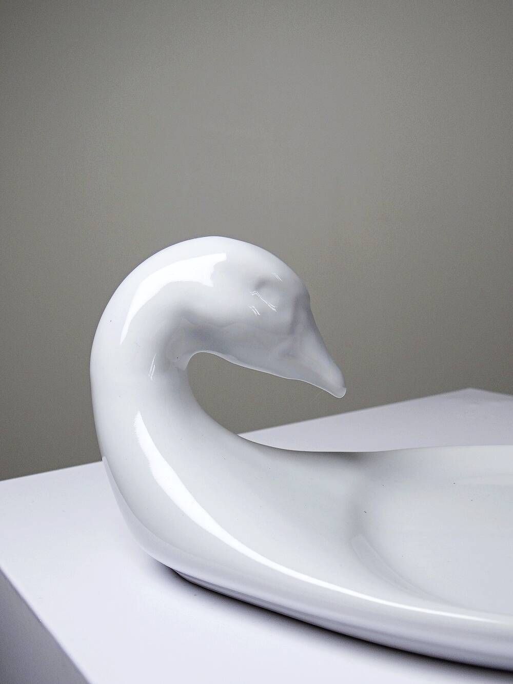 Vintage white faience foie gras platter in the shape of a goose, 1970s.