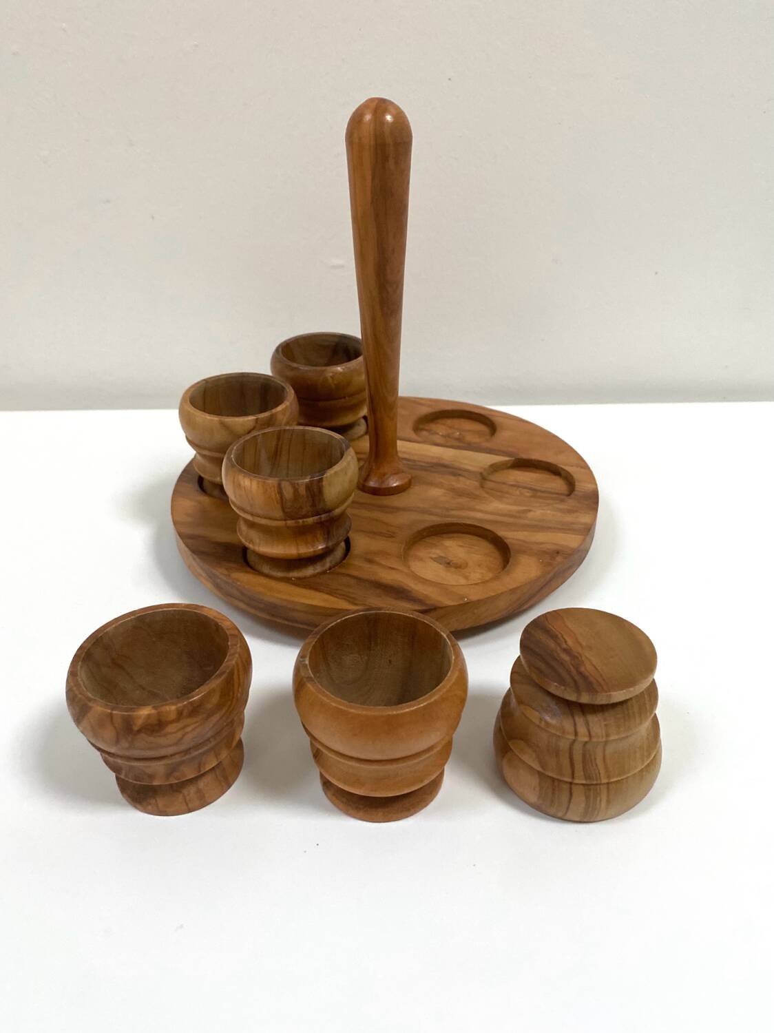 Set of 6 vintage olive wood egg cups