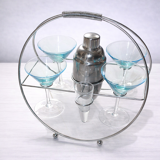 Complete vintage cocktail service – shaker, jigger, and 4 martini glasses.