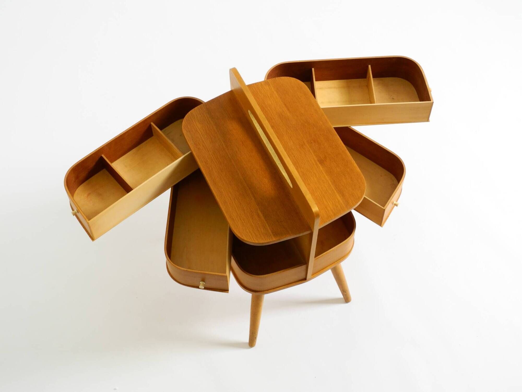 Beautiful original Mid Century teak sewing box with hinged compartments