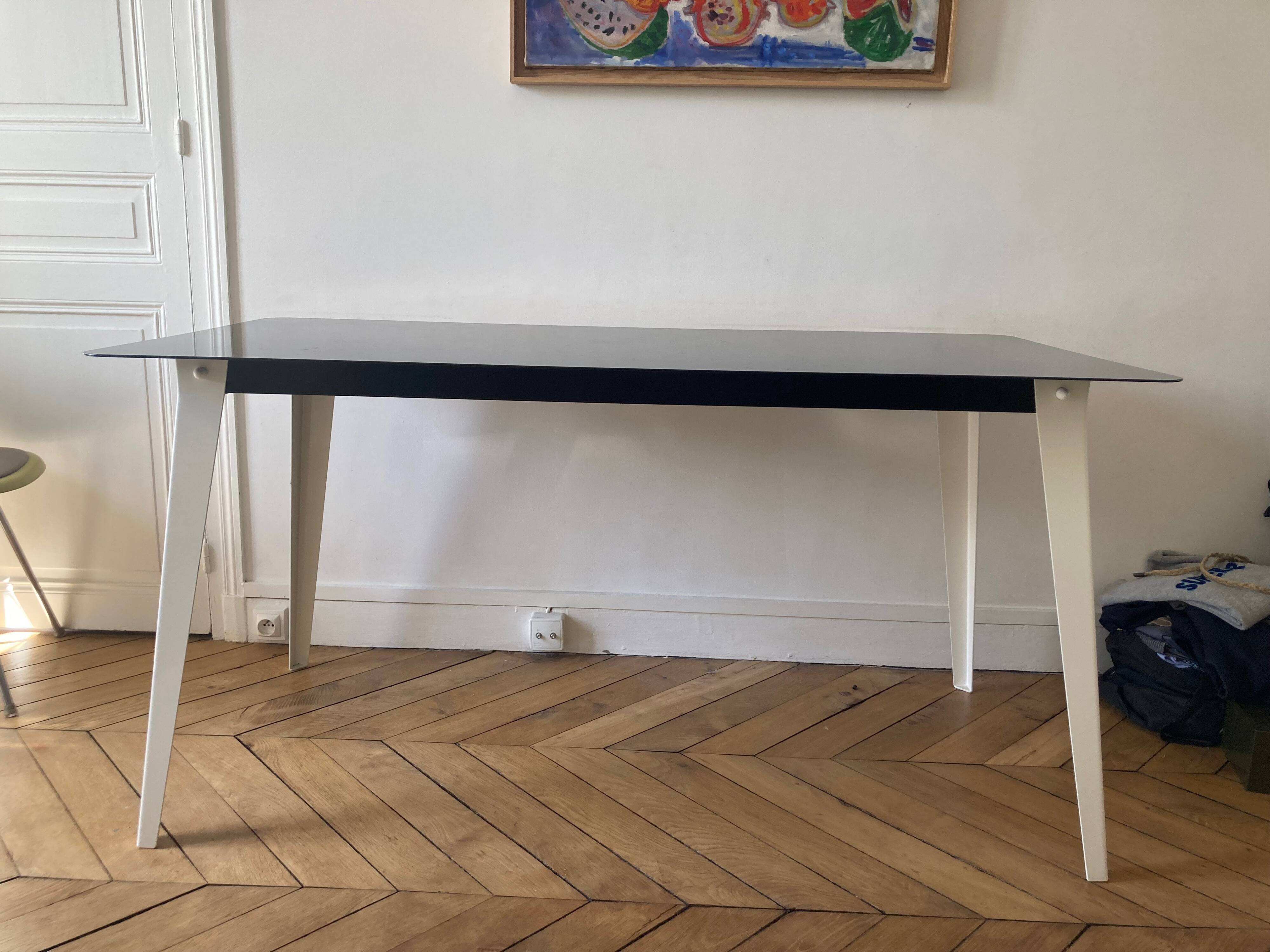 Black and white powder-coated metal dining table - Prouvé style