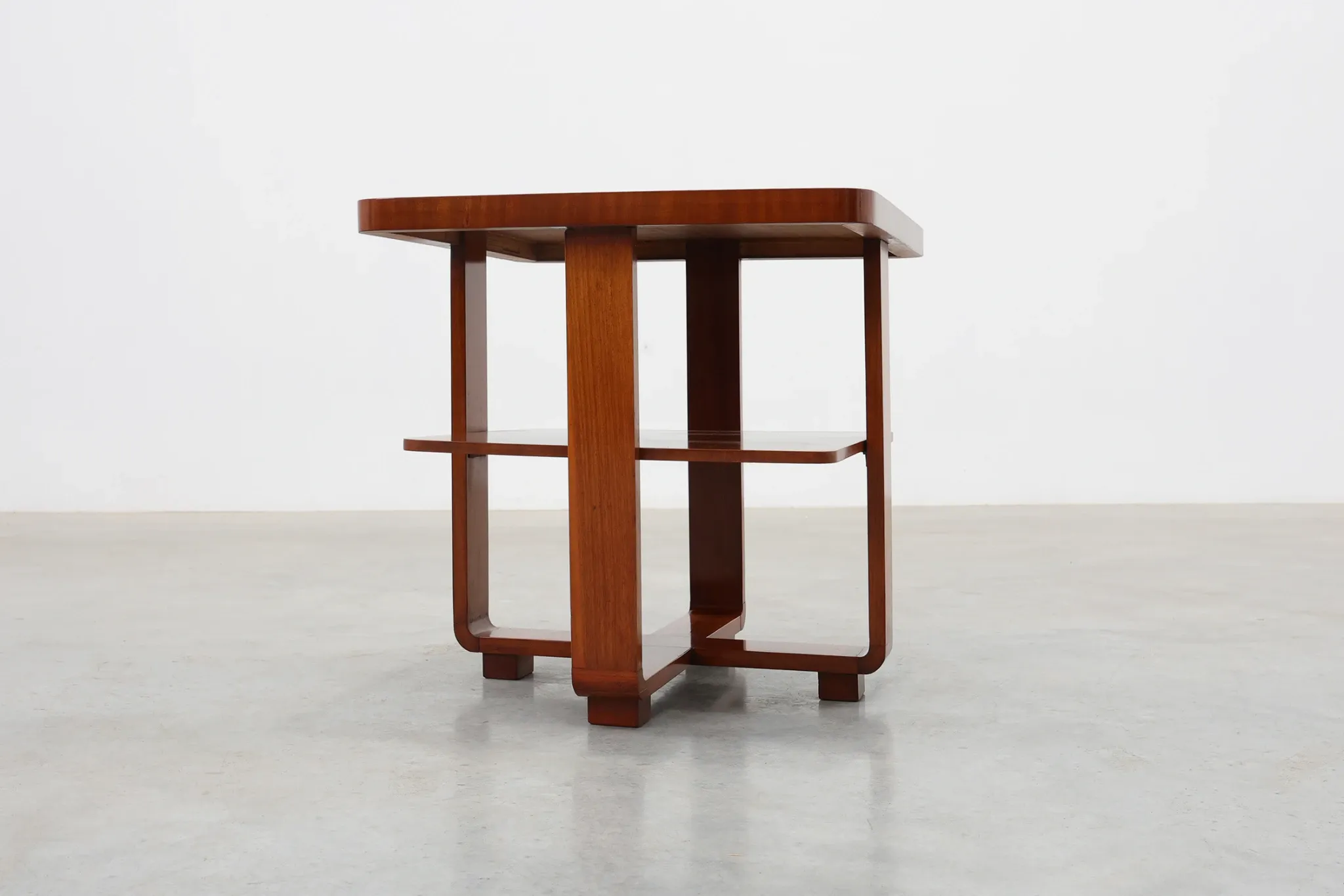 Art Deco Walnut Veneer Side Table with Shelf, Belgium, 1920s