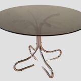 Table basse italienne du milieu du siècle en chrome et acier avec plateau rond en verre fumé, années 1960