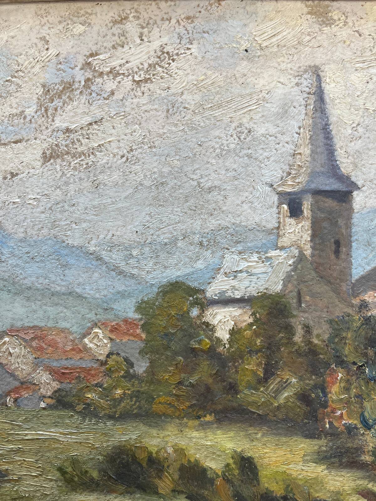 Tableau HSP "Village view with bell tower" signed + frame