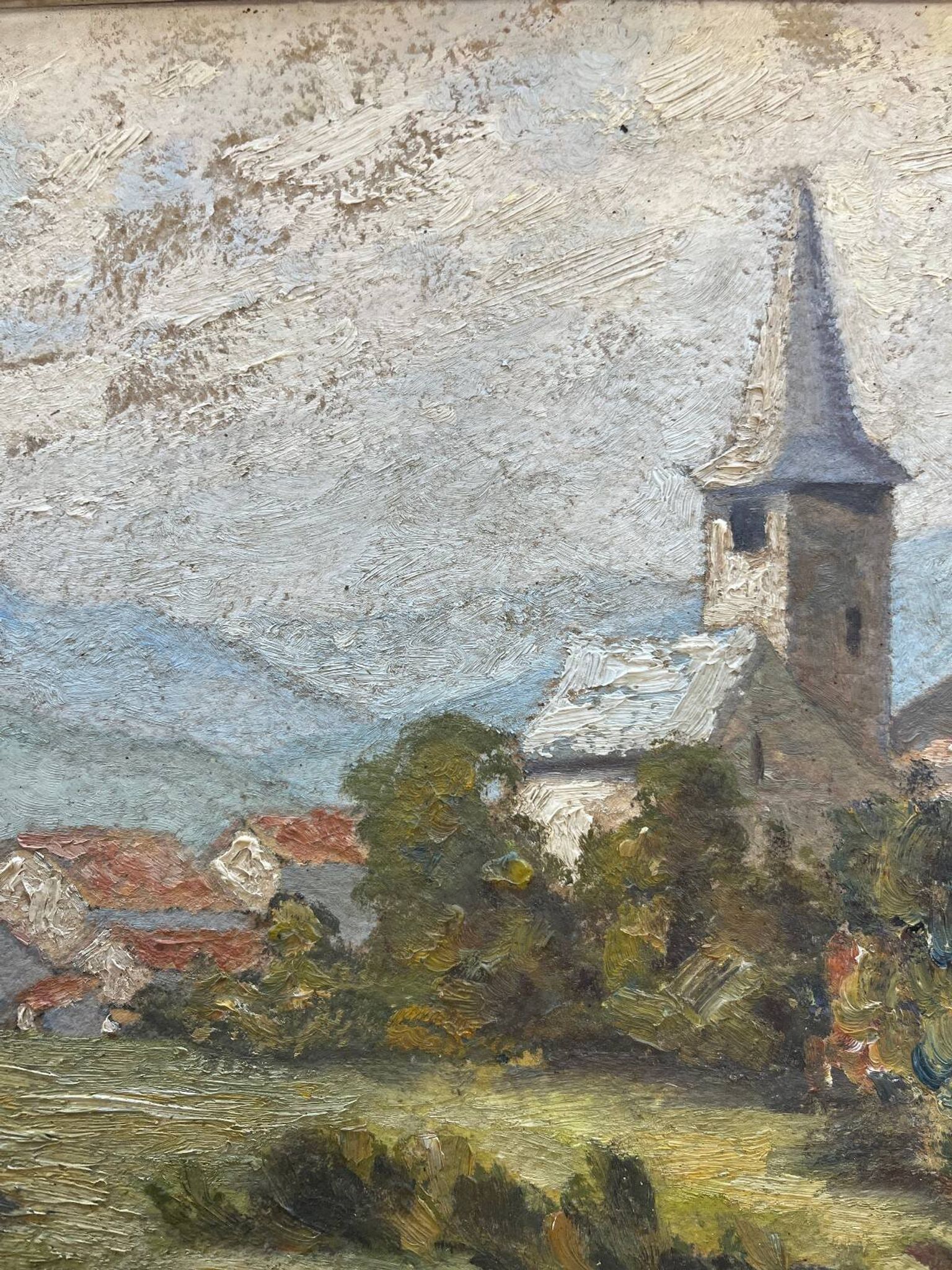 Tableau HSP "Village view with bell tower" signed + frame