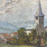 Tableau HSP "Village view with bell tower" signed + frame