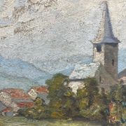 Tableau HSP "Village view with bell tower" signed + frame