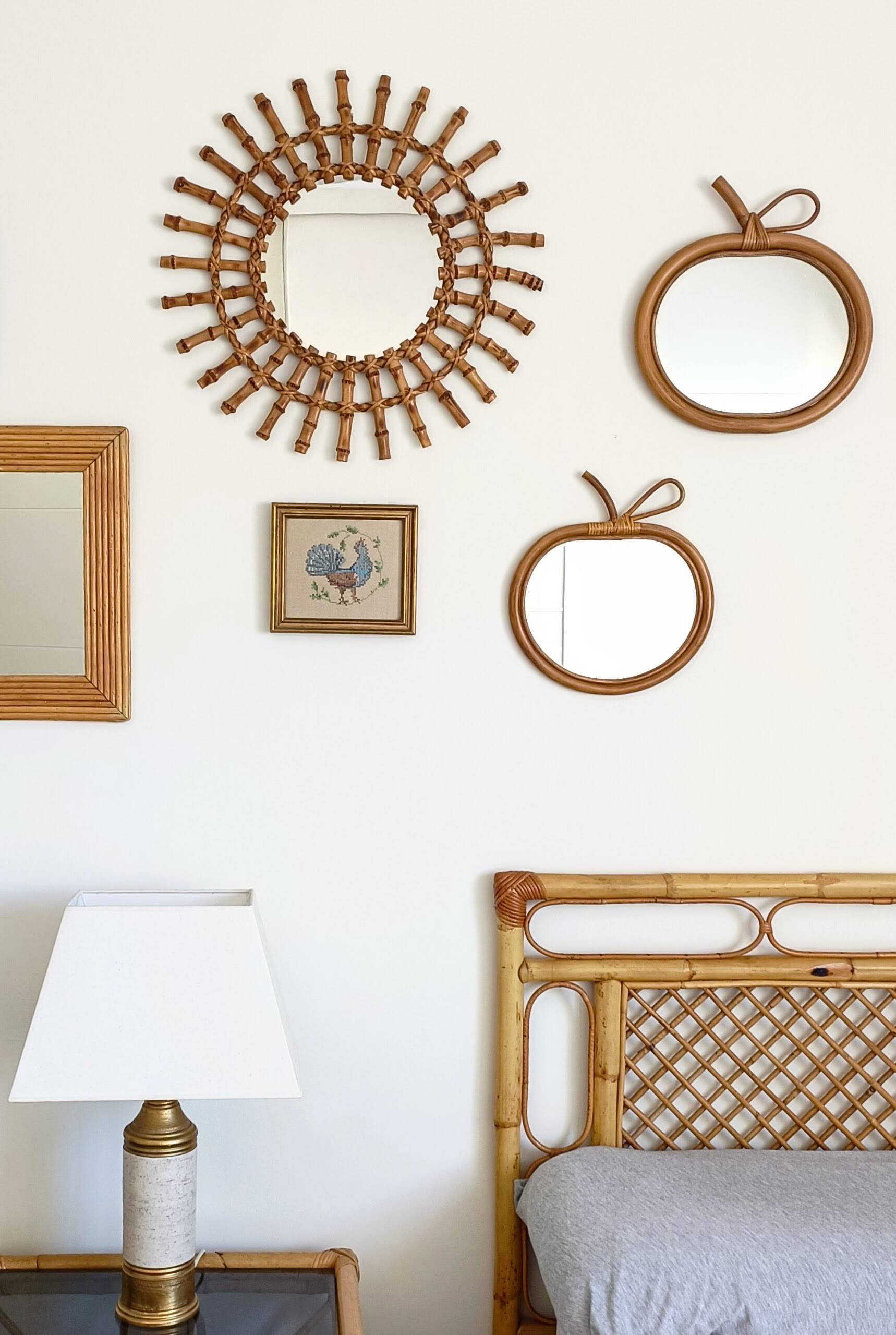 Pair of Apple-Shaped Mirrors in Bamboo and Rattan, France, 1960