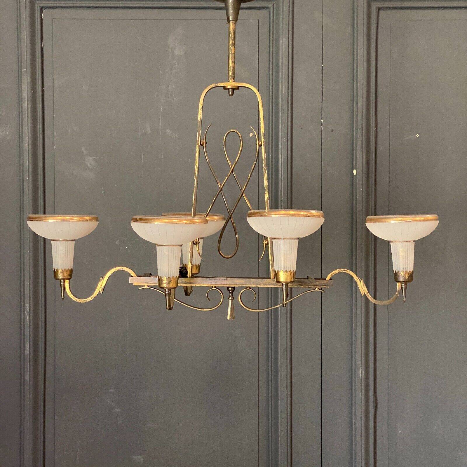 Chandelier in gilded metal 1950 6 lights cut in frosted glass