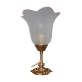 Bronze table lamp and opalescent petal globe