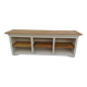 Craft furniture enhanced in pearl gray, shelves and top in raw wood.