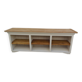 Craft furniture enhanced in pearl gray, shelves and top in raw wood.