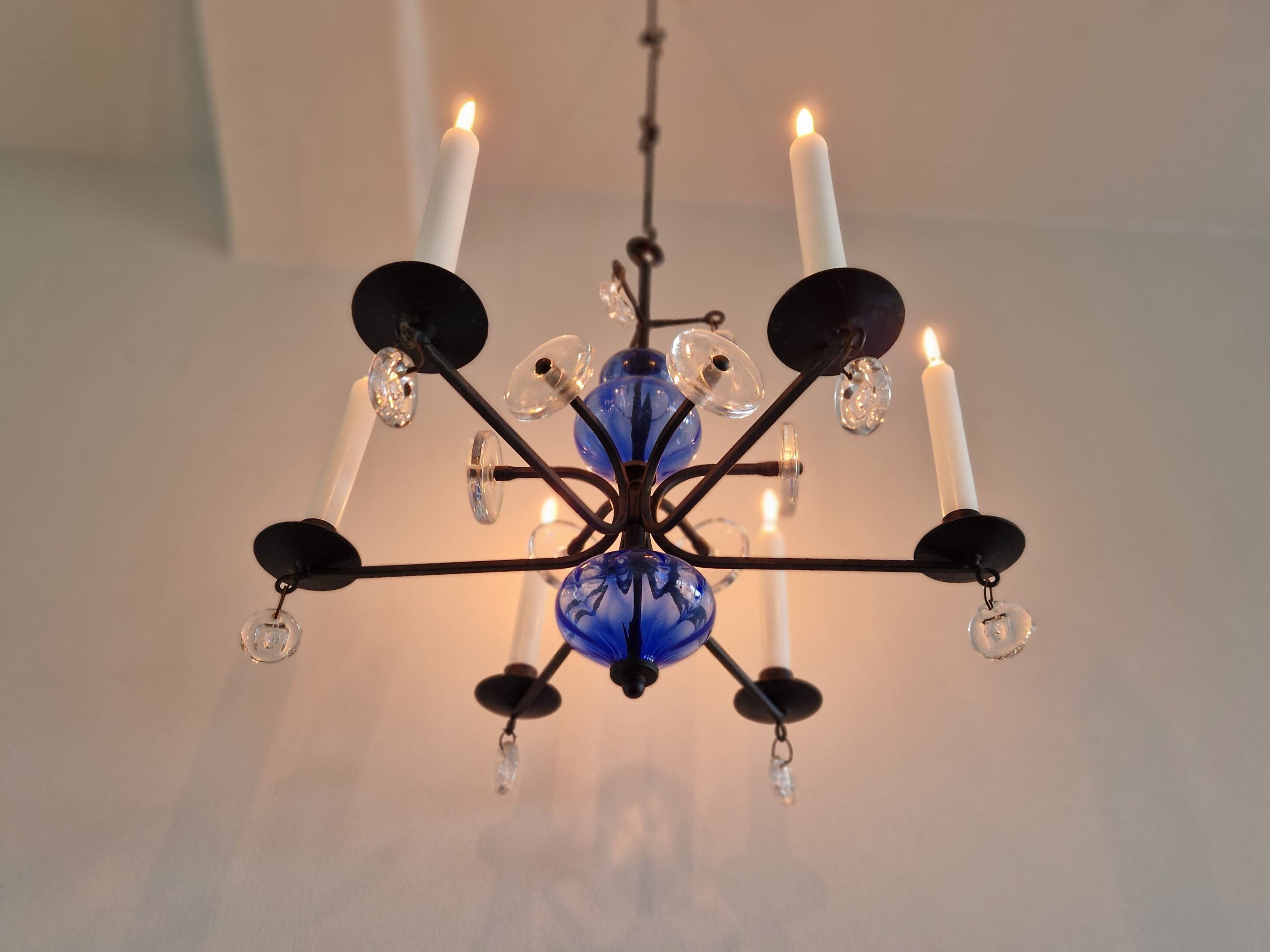 Art glass and wrought iron candelabra chandelier by Erik Höglund for Boda, Sweden 1960's