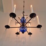 Art glass and wrought iron candelabra chandelier by Erik Höglund for Boda, Sweden 1960's