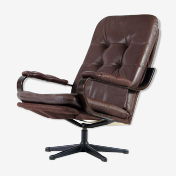 Vintage danish rosewood leather swivel lounge chair from the 1970s