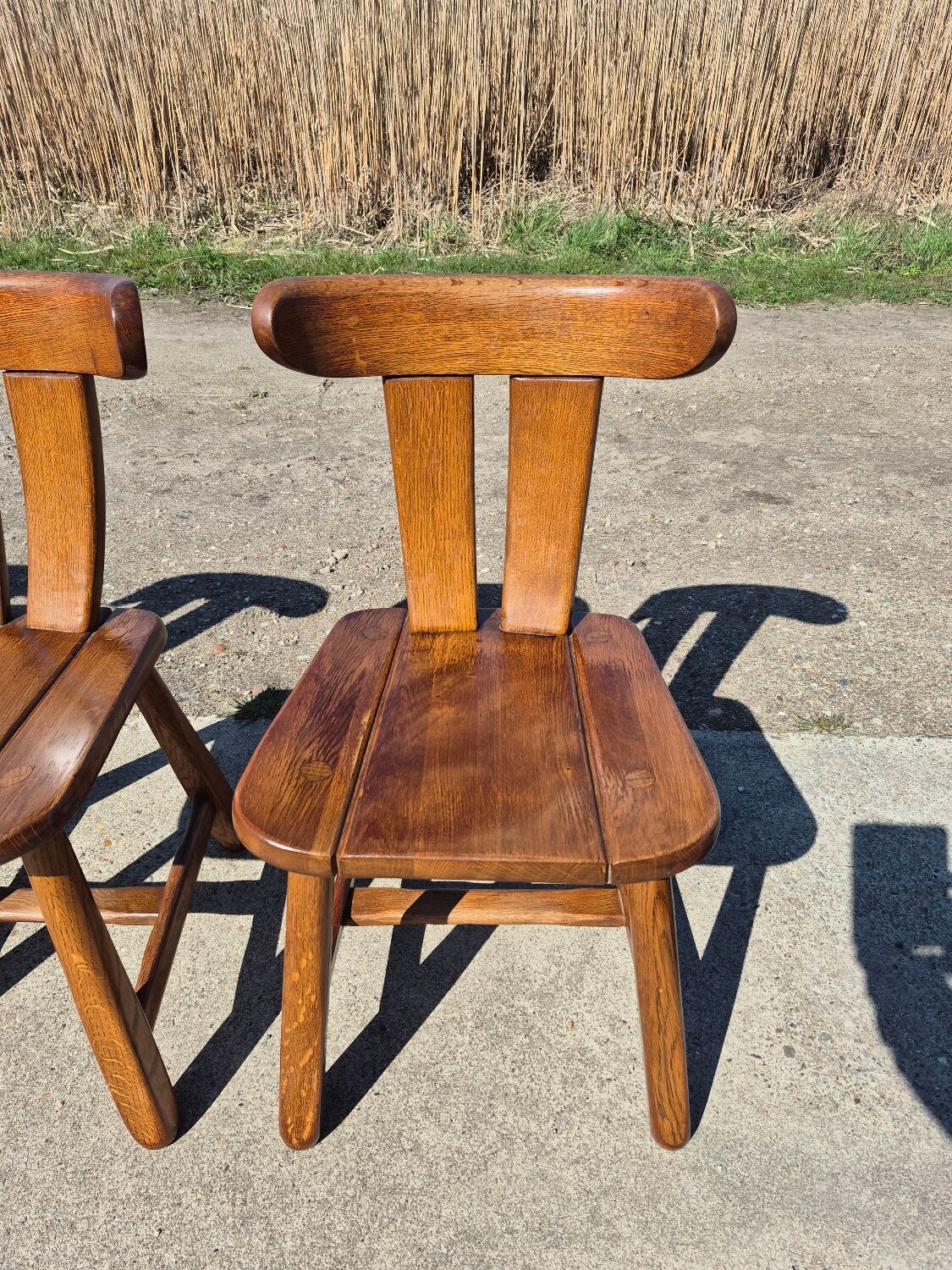 Brutalist set solid oak round dining table 4 chairs Depuydt Belgium