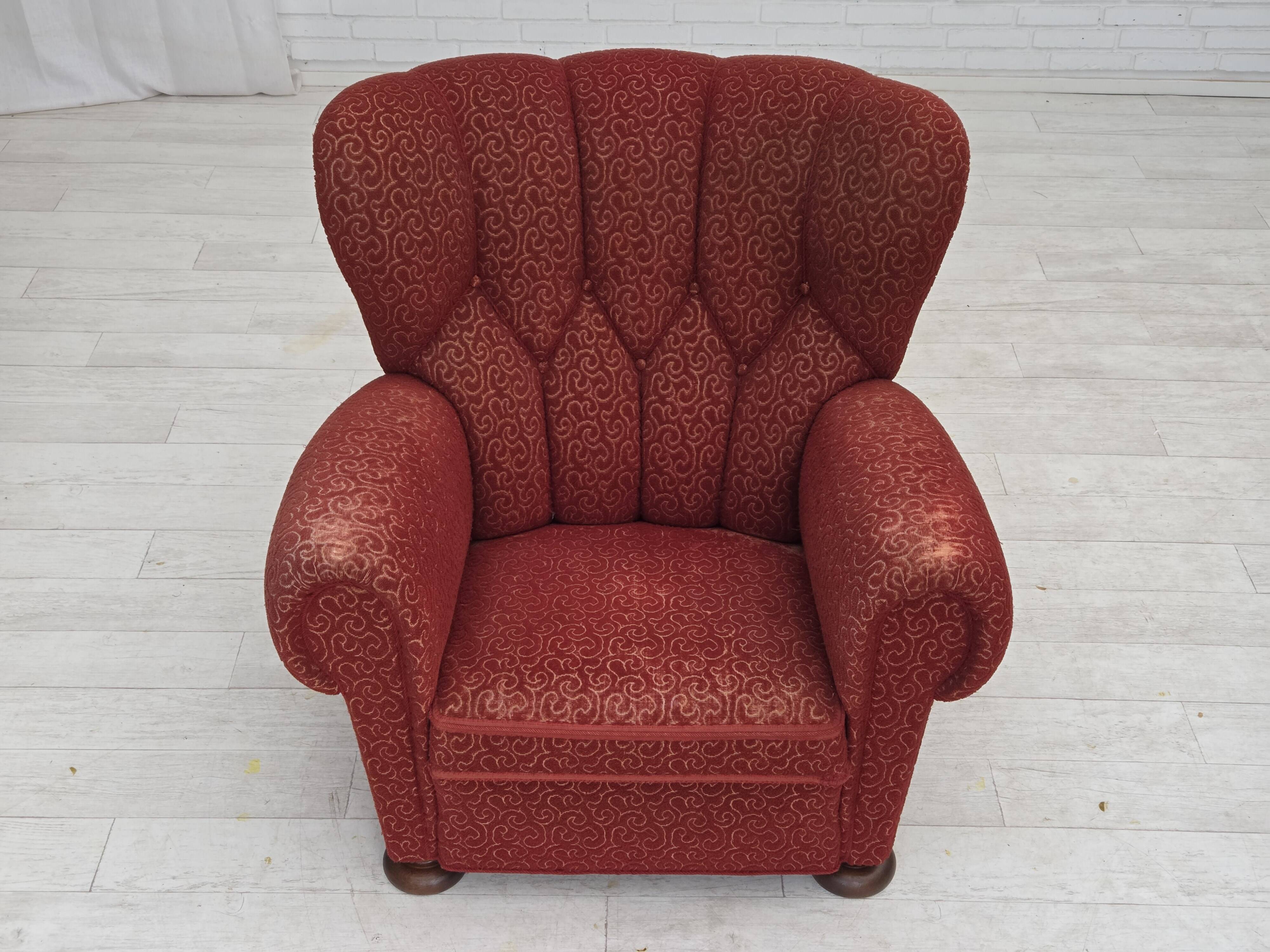 1960s, Danish relax armchair, original red furniture wool, oak wood legs.