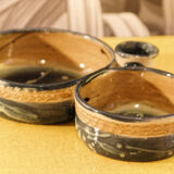 Set of 2 glazed pottery candle holders signed
