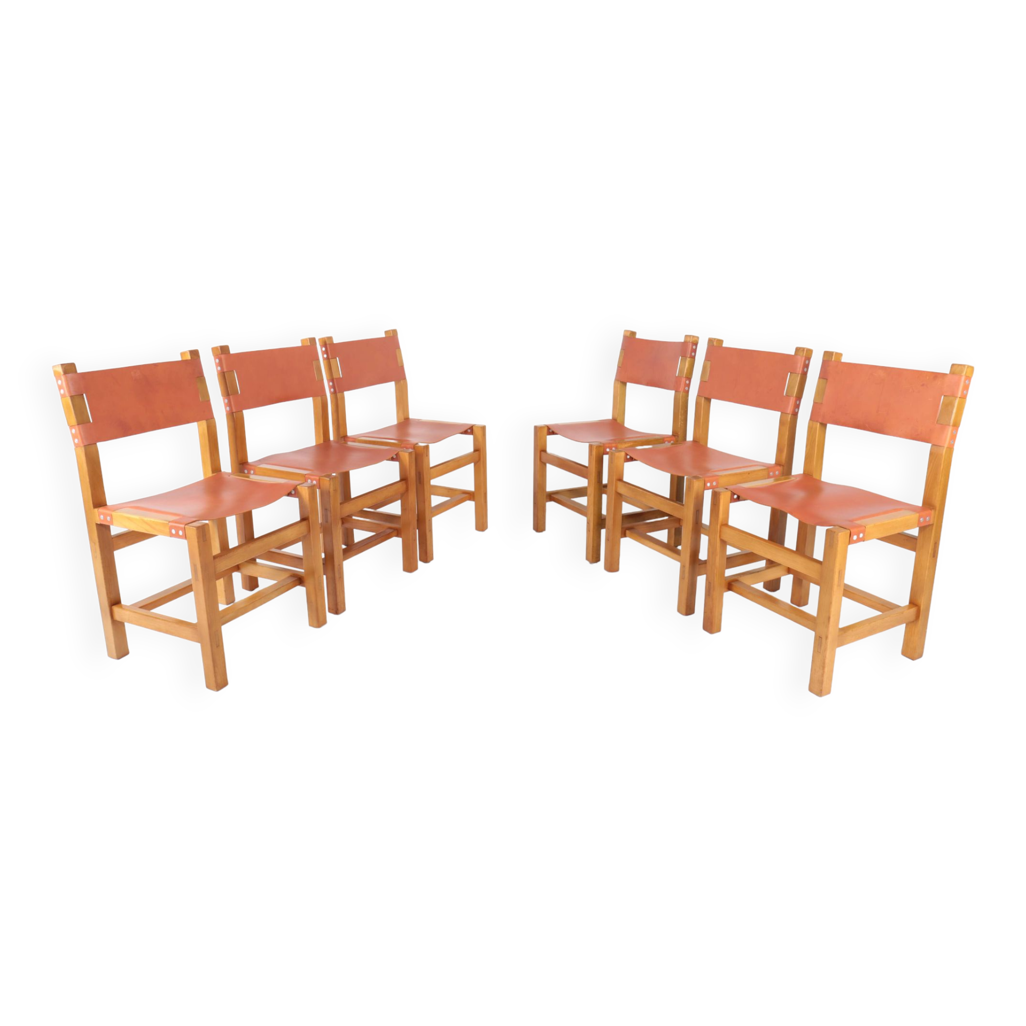 Set of 6 chairs in elm and leather Maison Regain edition