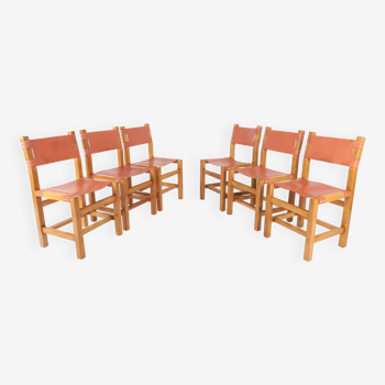 Set de 6 chaises en orme et cuir édition Maison Regain