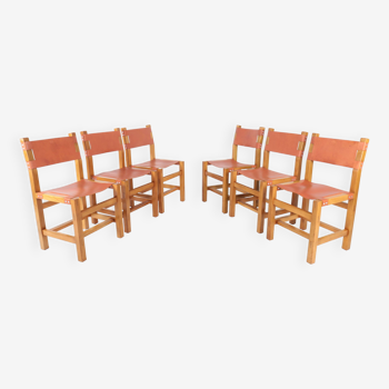 Set of 6 chairs in elm and leather Maison Regain edition
