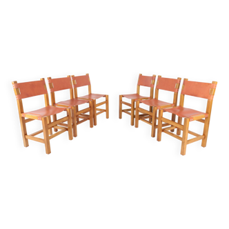 Set of 6 chairs in elm and leather Maison Regain edition
