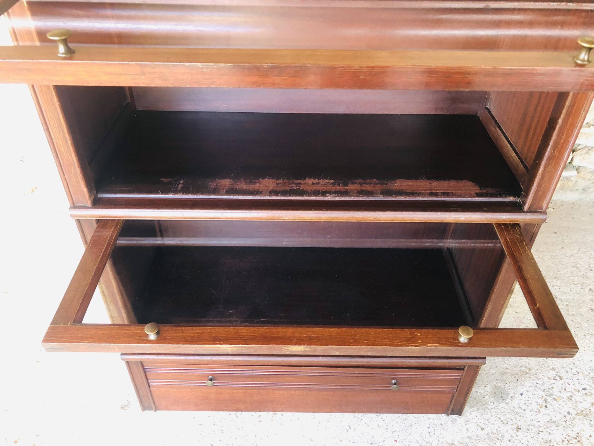 Vintage mahogany avocado bookcase with overhead glass doors circa 40's/50's