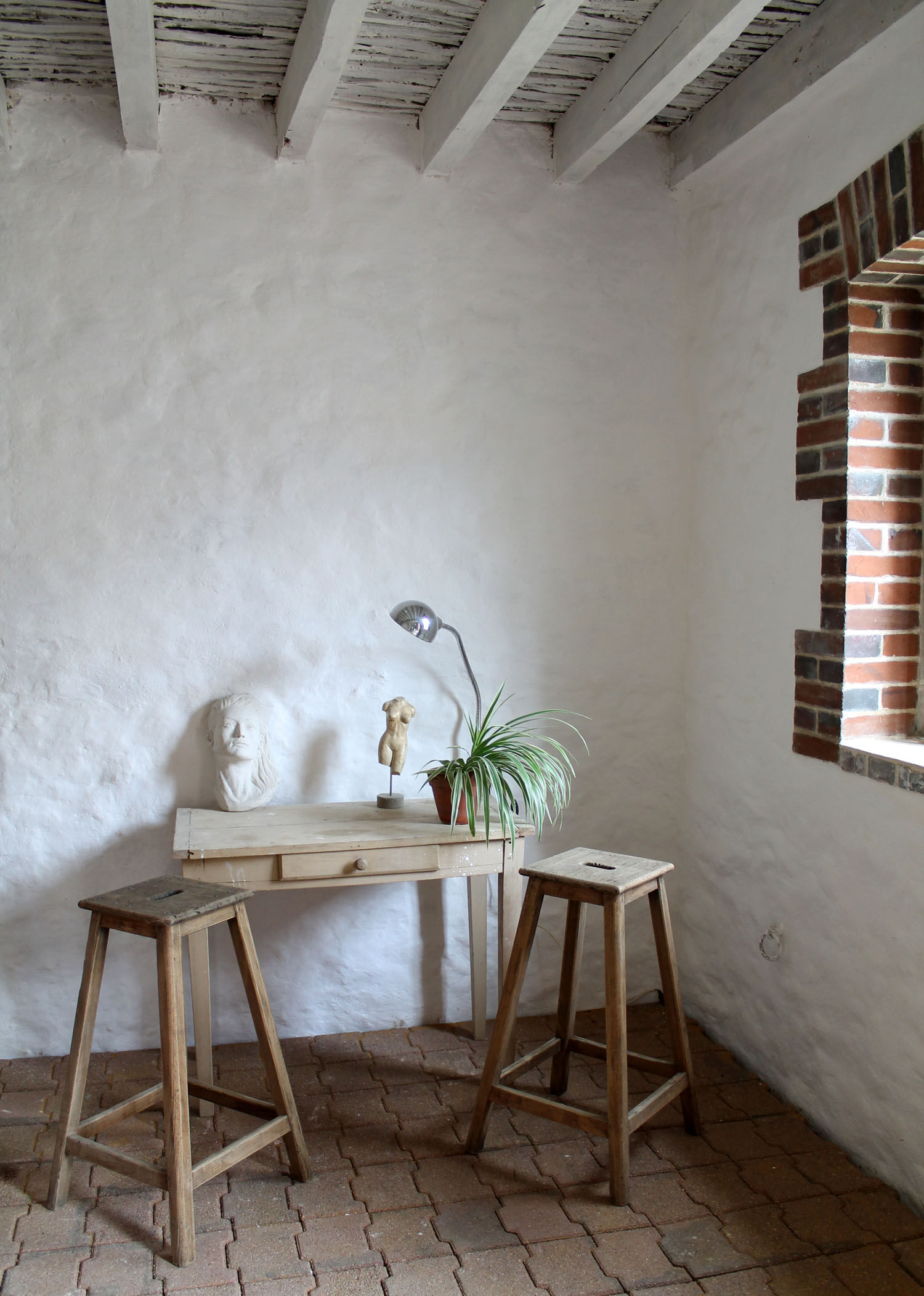 Pair of high workshop stools in raw wood
