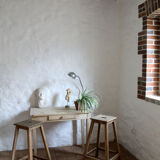 Pair of high workshop stools in raw wood