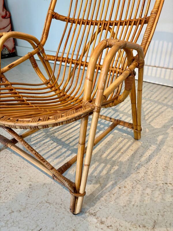 Grand fauteuil vintage en rotin années 70 – dossier haut