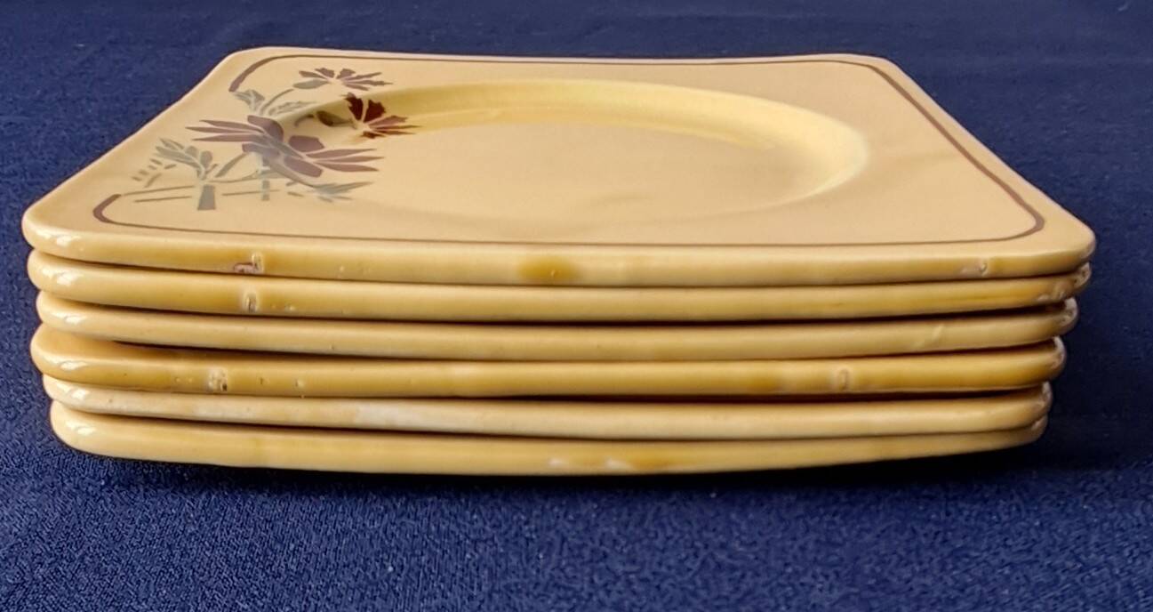 6 square dessert plates, ironstone. 1940s-50s.
