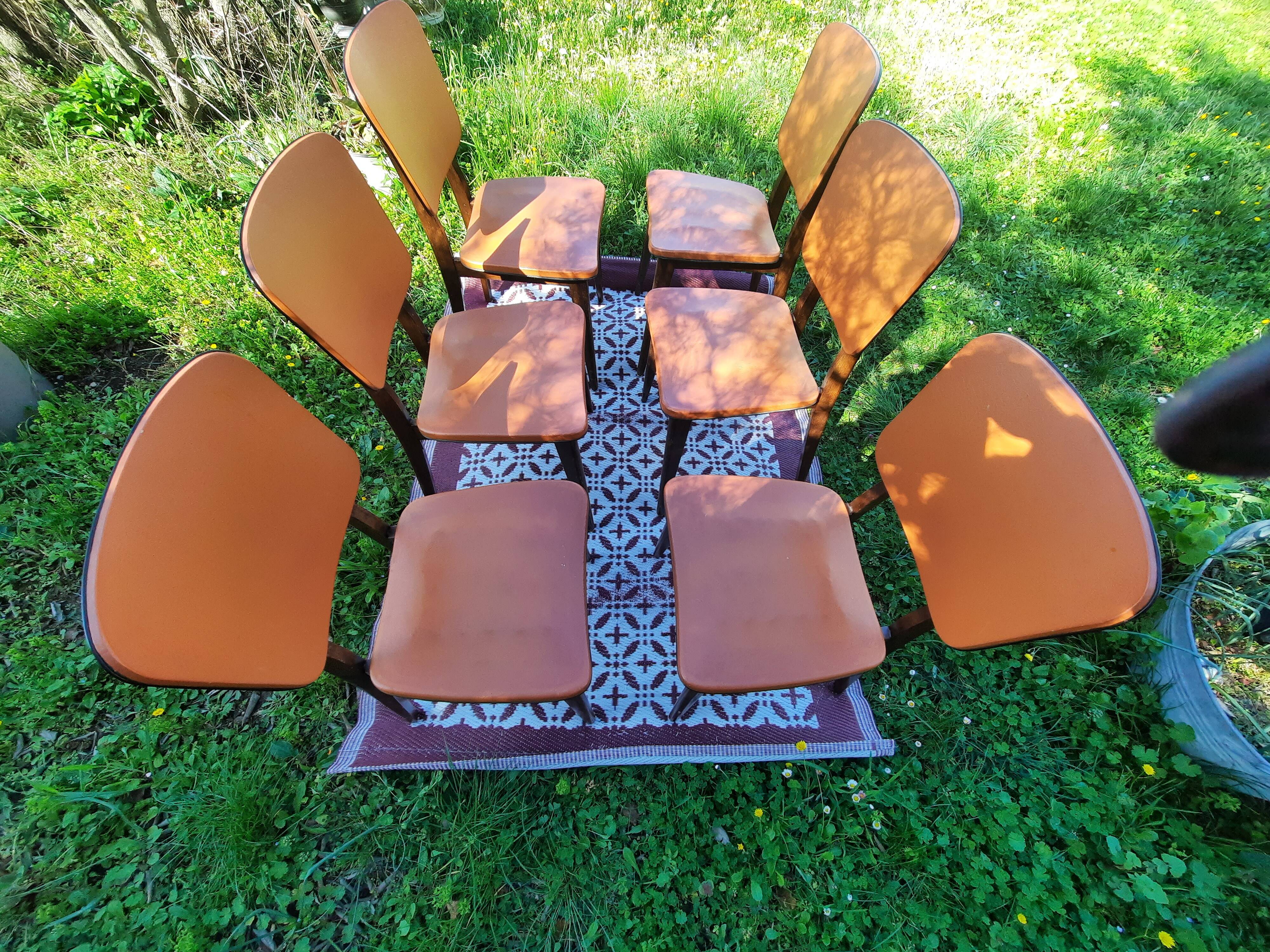 Set of 6 orange skai and wood chairs from the 60s