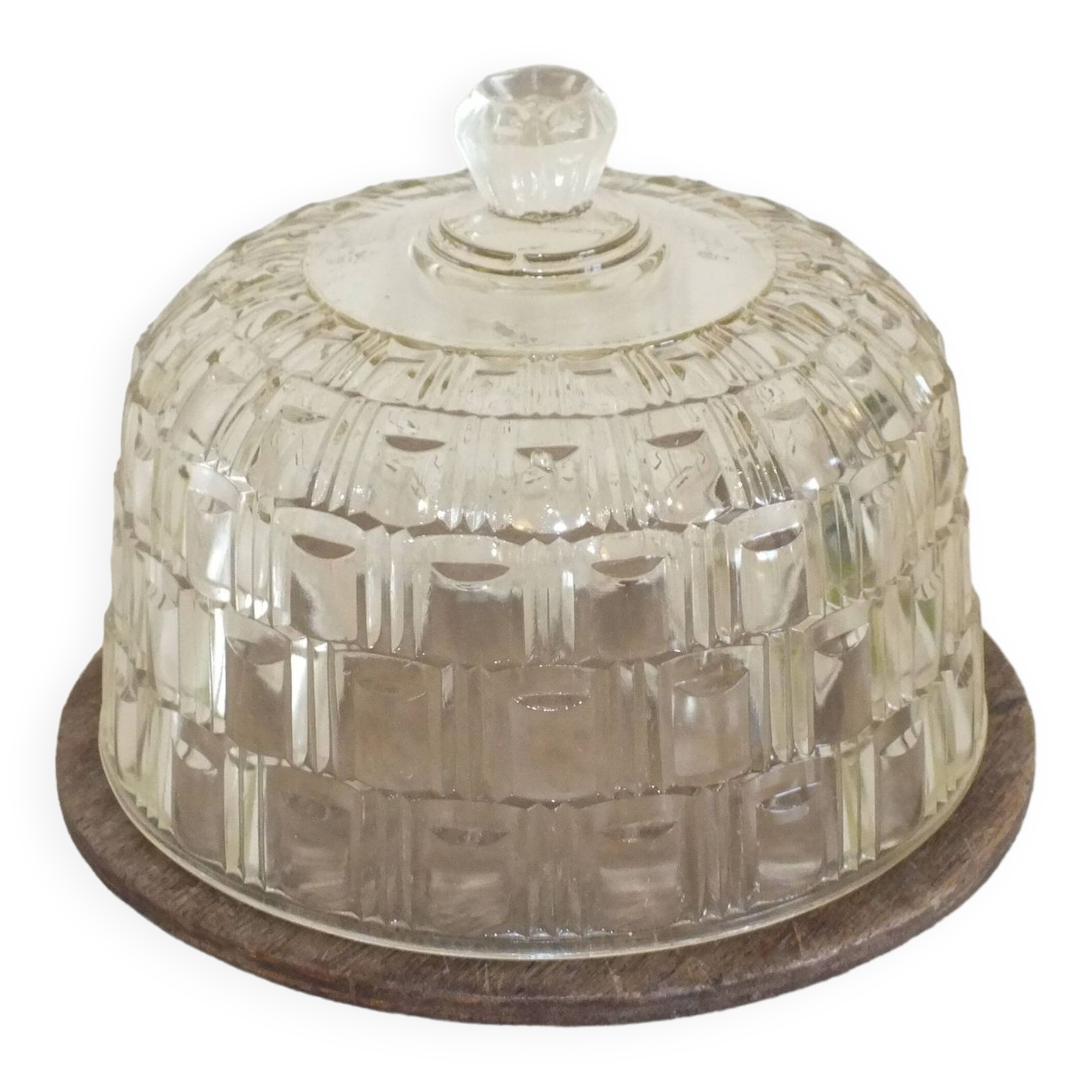 Butter or cheese bell in molded glass and wooden tray
