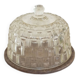 Butter or cheese bell in molded glass and wooden tray