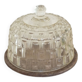 Butter or cheese bell in molded glass and wooden tray