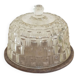 Cloche à beurre ou a fromage en verre moulé et plateau bois