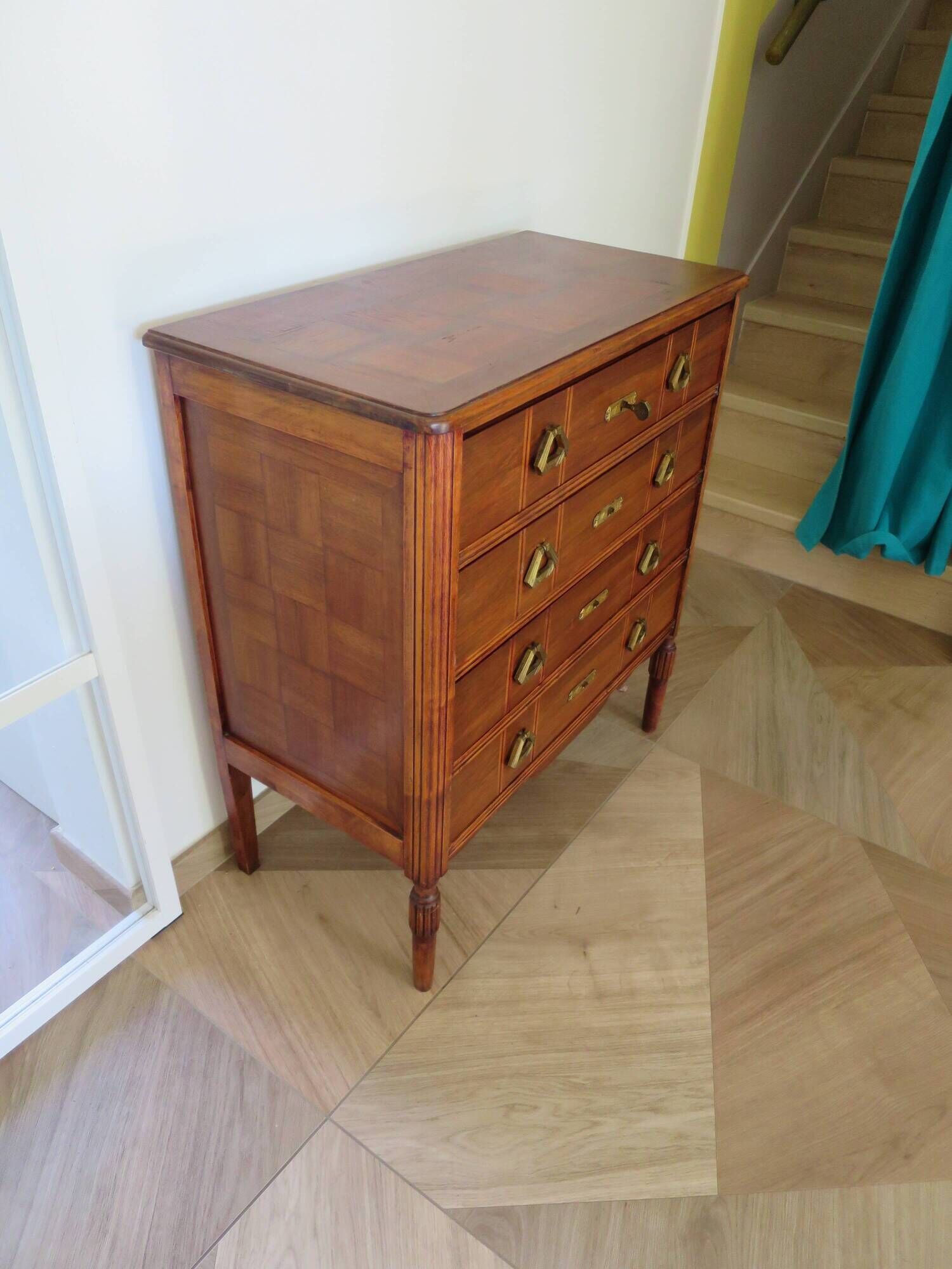 Art Deco chest of drawers - 4 drawers - locks - checkered wood veneer top - 50s