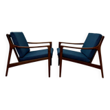 Set of 2 Scandinavian design teak armchairs from the 60s, new blue fabric