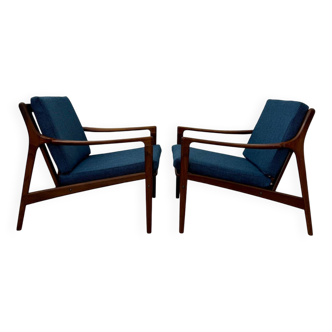 Set of 2 Scandinavian design teak armchairs from the 60s, new blue fabric