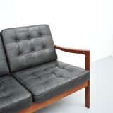 Senator sofa with black leather cushions by Ole Wascher for France and Son