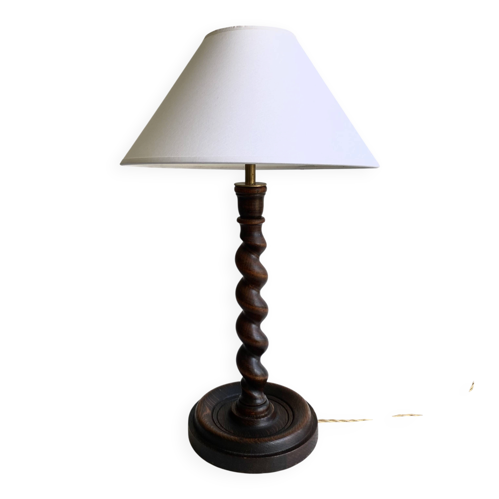 Twisted wooden lamp, cotton shade